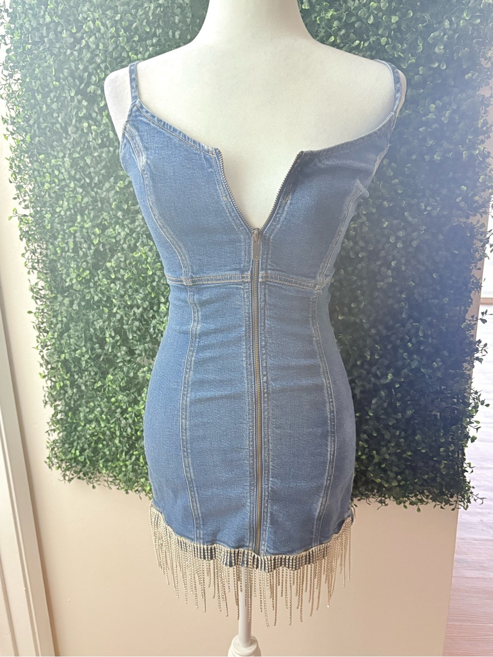 American Eagle Outfitters Blue Denim Mini Dress with Zip and Fringe